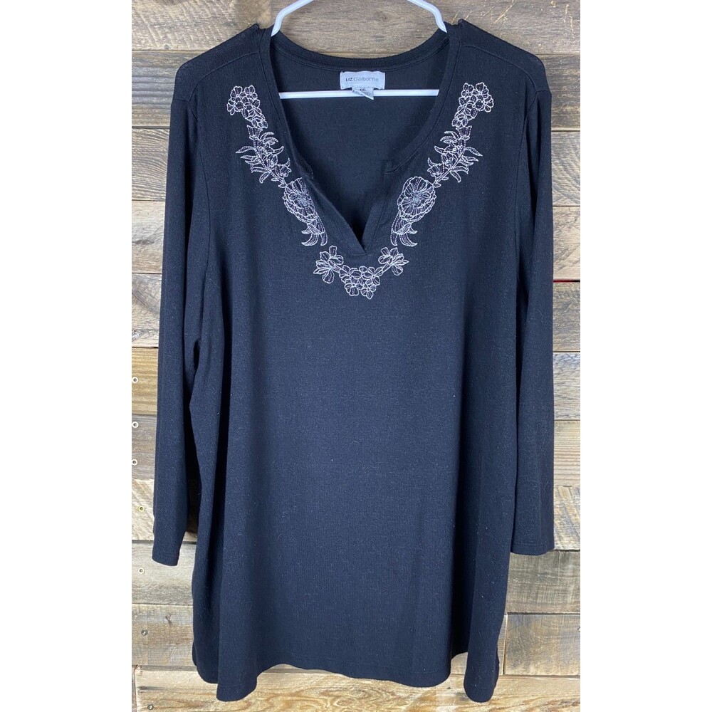 Liz Claiborne Women Plus Sz XXL Black Embroidered Flowers  3/4 Sleeve Top